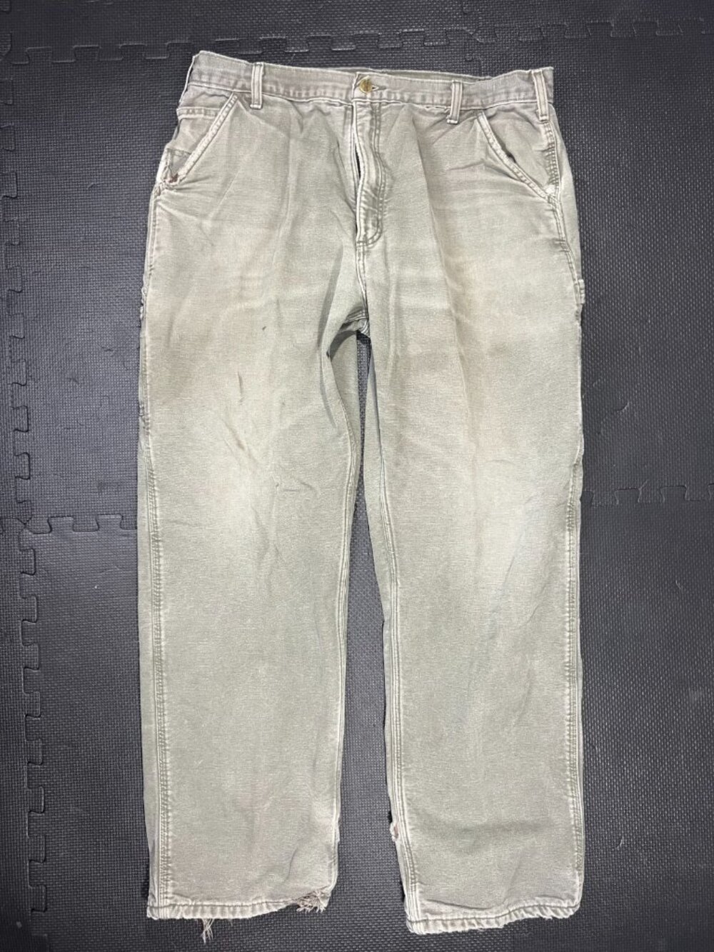 VTG Carhartt mens 36X30 B111 MOS ‘Moss Green’ Flannel-Lined Dungaree Canvas Pant